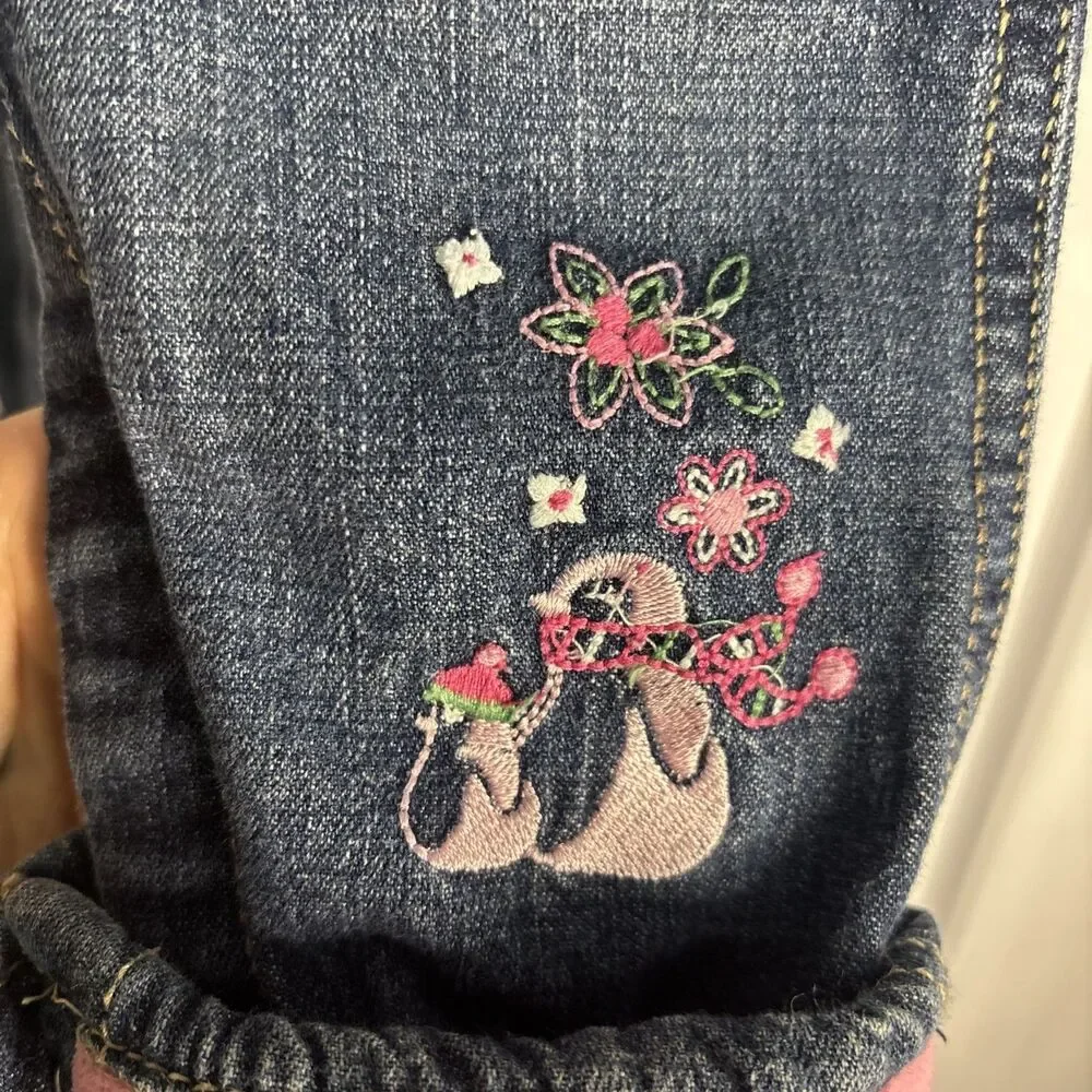 Vtg OshKosh Overalls Embroidered Penguins Pink Fleece Cuffs Ruffle Bibs 6 Mos
